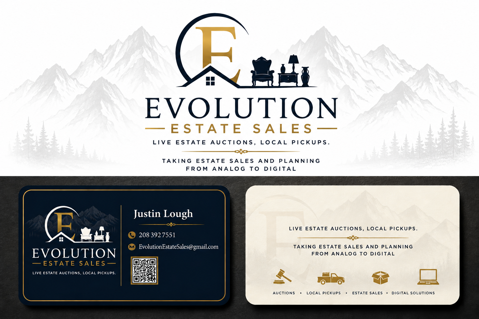 Evolution Estate Sales branding with Sawtooth mountain background
